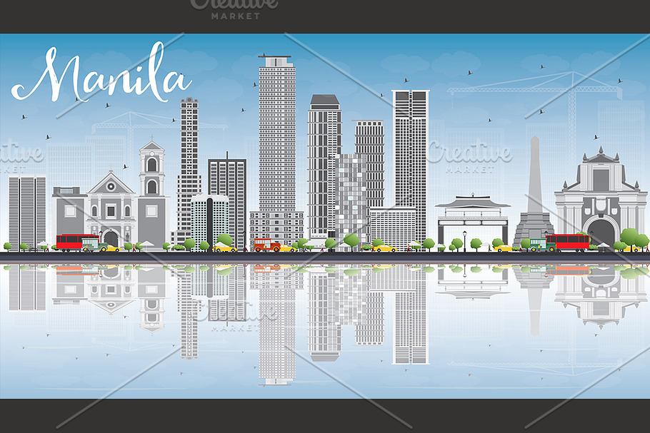Manila Skyline with Gray Buildings in Illustrations - product preview 8