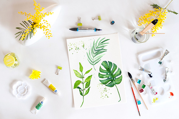 Tropical leaves branches watercolor in Illustrations - product preview 5