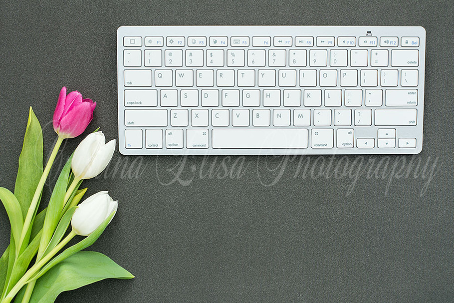 flower, keyboard mockup, black desk
