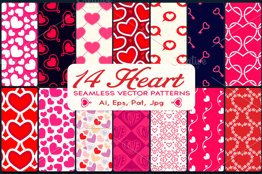 14 Heart Vector Seamless Patterns