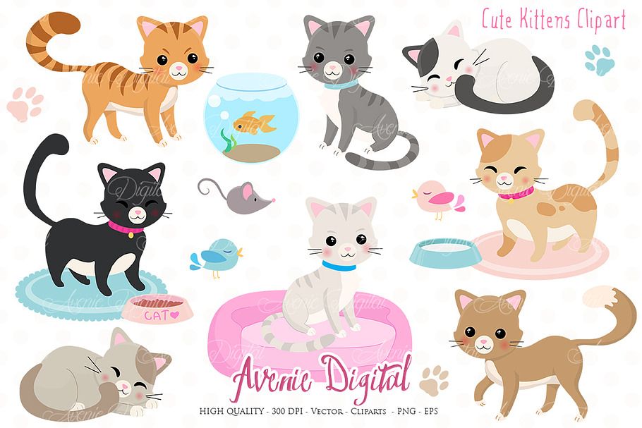 Cute Kittens Clipart + Vectors in Illustrations - product preview 8