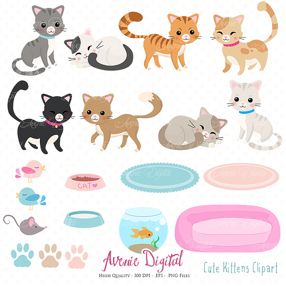 Cute Kittens Clipart + Vectors in Illustrations - product preview 1