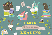 Set of animals reading books