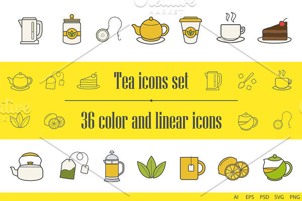 Tea icons. 36 color and linear icons