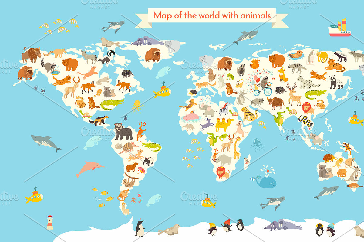 Animals World Map Custom Designed Illustrations Creative Market