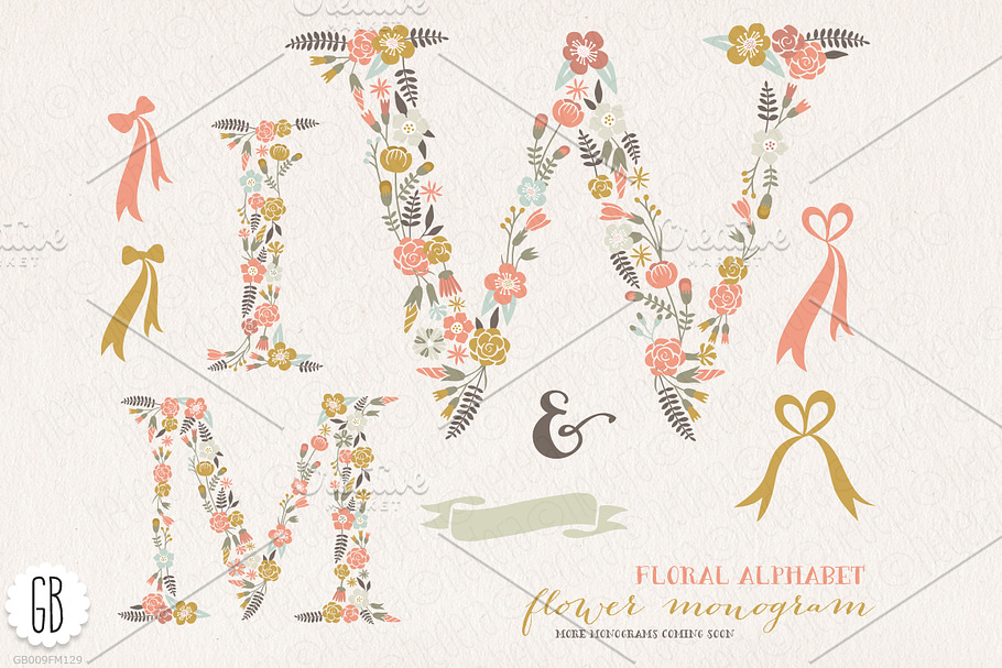 Flower monogram, floral letters WMI
