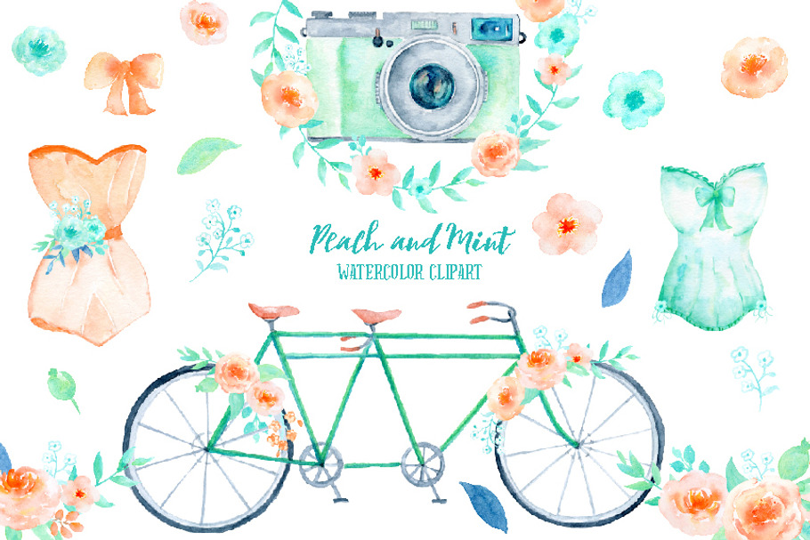 Wedding Clipart Peach and Mint in Illustrations - product preview 8