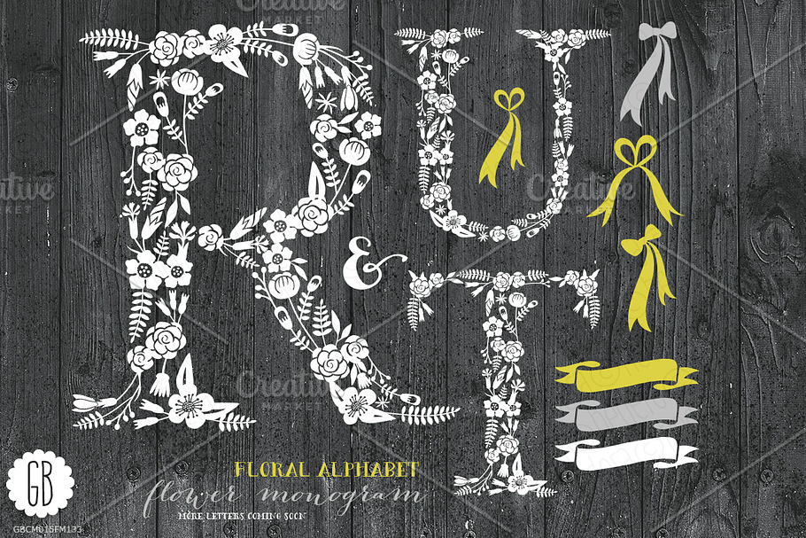 Floral letters, rustic, white RUT