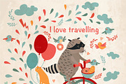 Cute raccoon on a bicycle, trip
