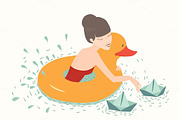 Girl with duck, lifebuoy floating