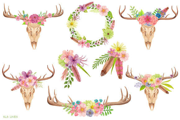 Skull & Antlers Watercolors in Illustrations - product preview 1