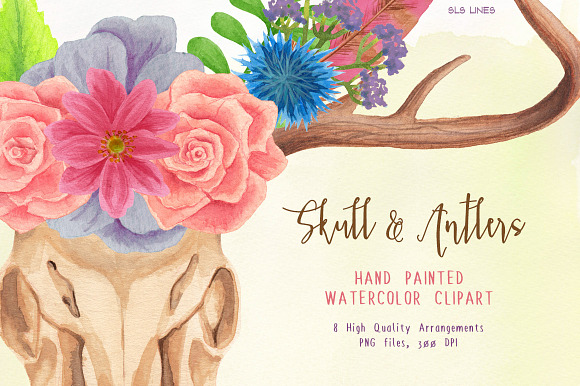 Skull & Antlers Watercolors in Illustrations - product preview 2