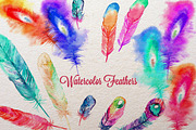 Watercolor Feathers, Hearts & Flower