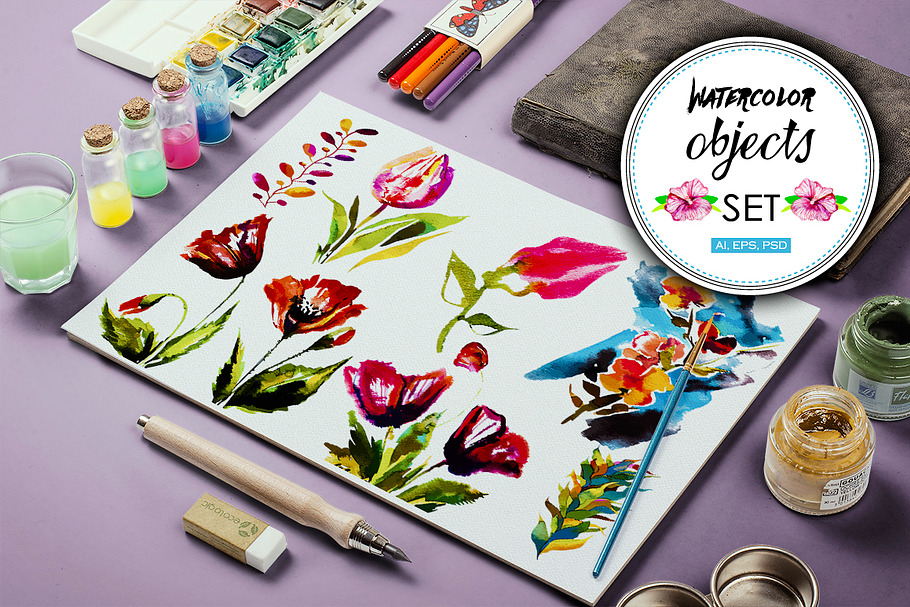 30 Watercolor vector objects + BONUS in Objects - product preview 8