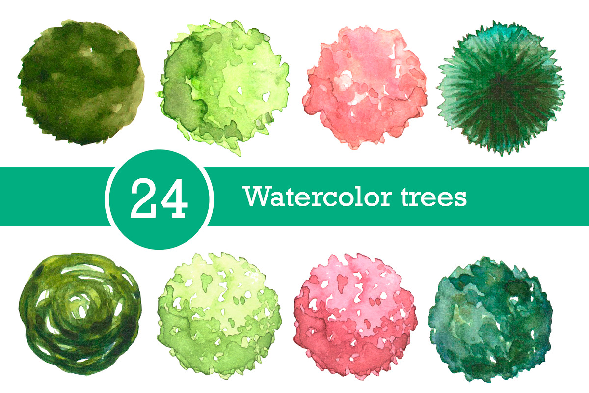 Watercolor trees set, top view in Illustrations - product preview 8