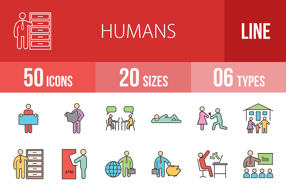 50 Humans Line Filled Icons
