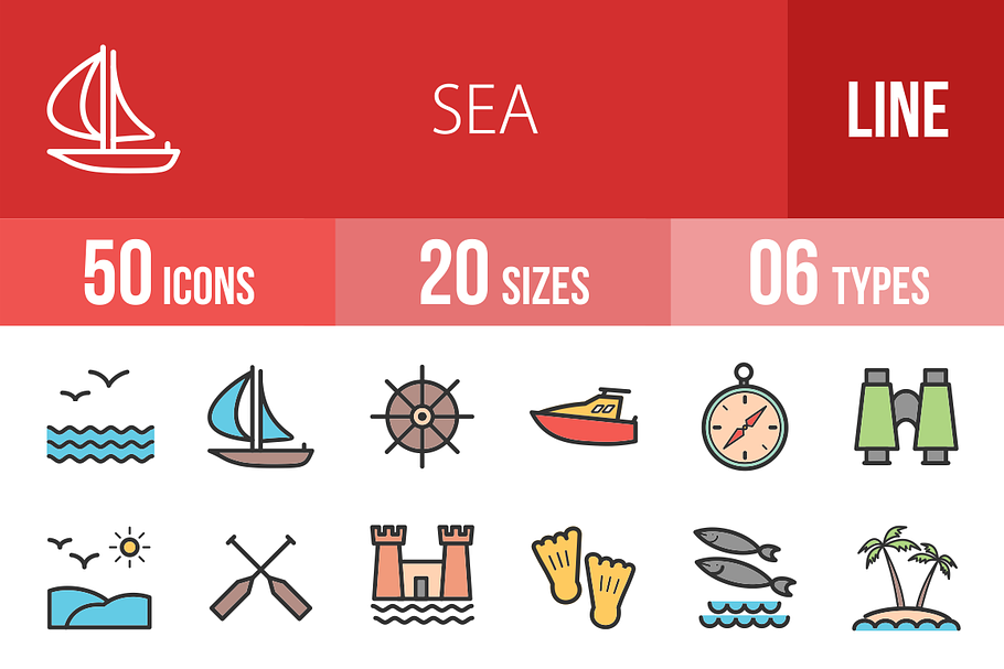 50 Sea Line Filled Icons