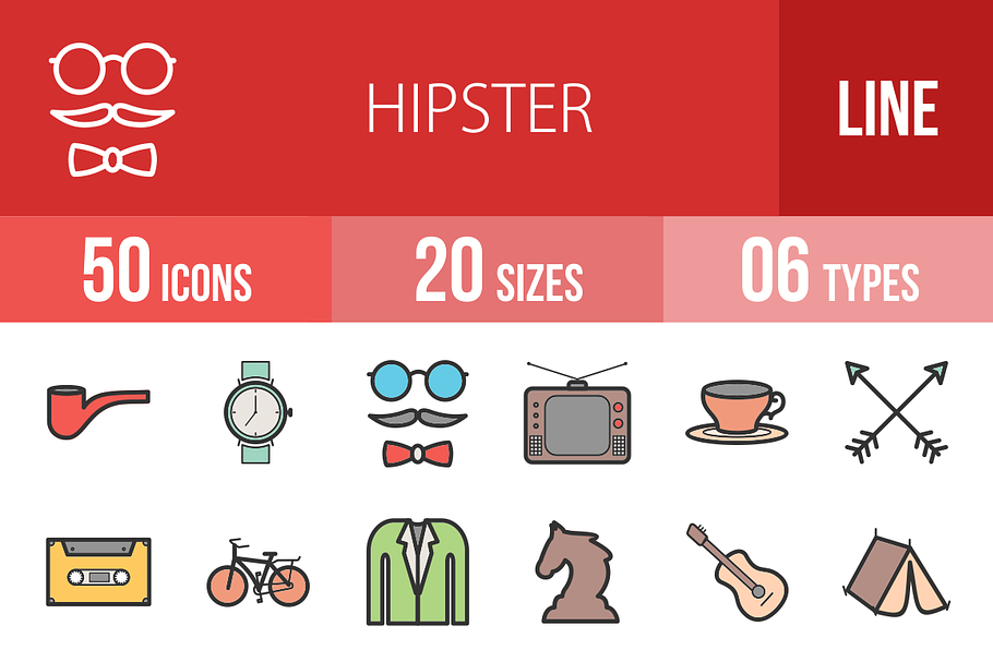 50 Hipster Line Filled Icons