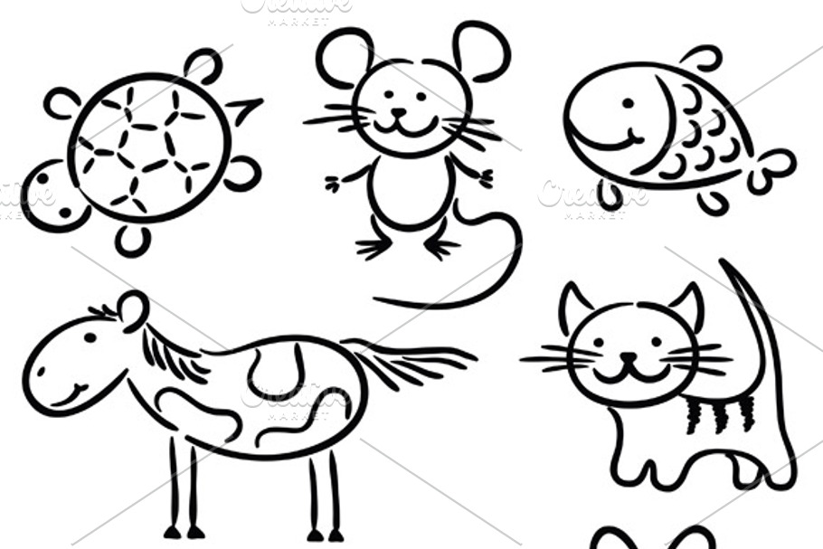 Set of Sketchy Cartoon Pets