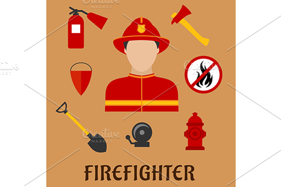 Firefighter or fireman flat icons in Graphics - product preview 8
