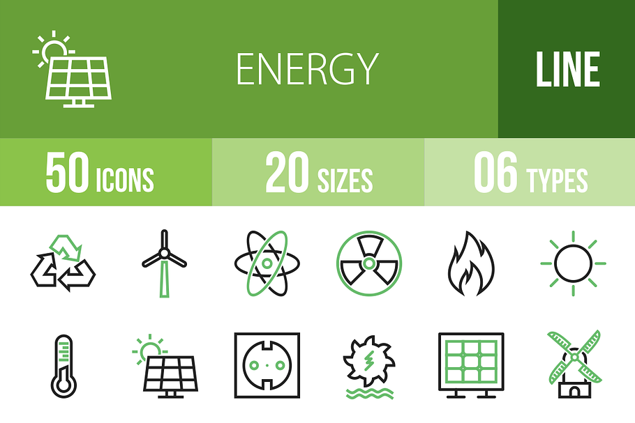 50 Energy Line Green & Black Icons