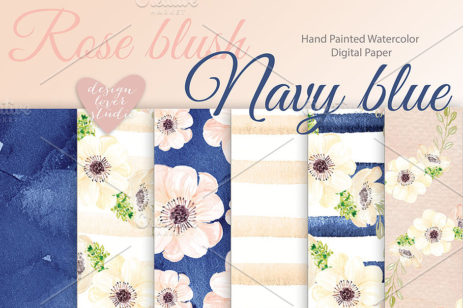 Watercolor Rose Blush - Navy Blue in Patterns - product preview 8
