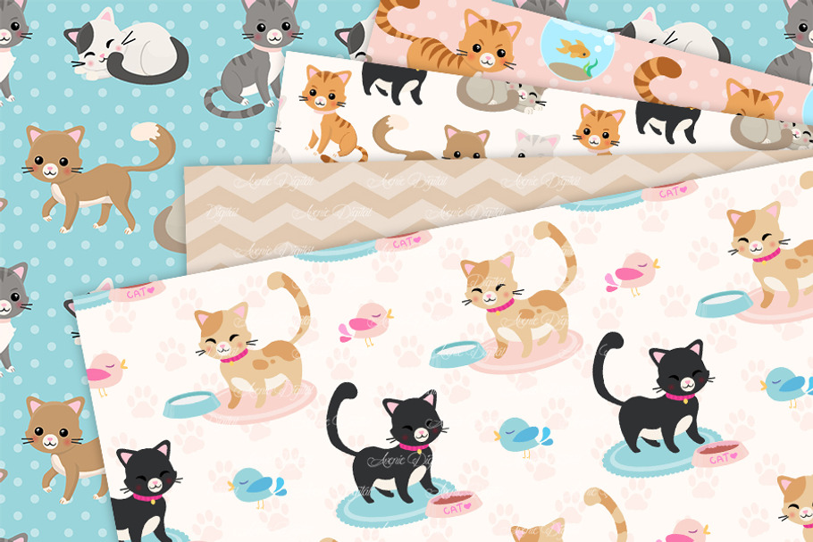 Cute Cat Digital Paper Patterns in Patterns - product preview 8