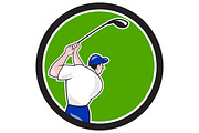 Golfer Swinging Club Circle Cartoon