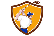 Golfer Swinging Club Crest Cartoon