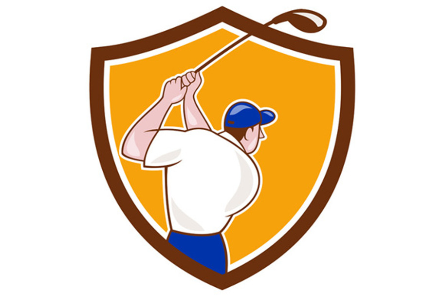 Golfer Swinging Club Crest Cartoon in Illustrations - product preview 8