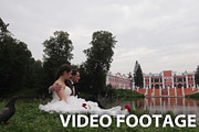 Bride and groom are sitting on grass
