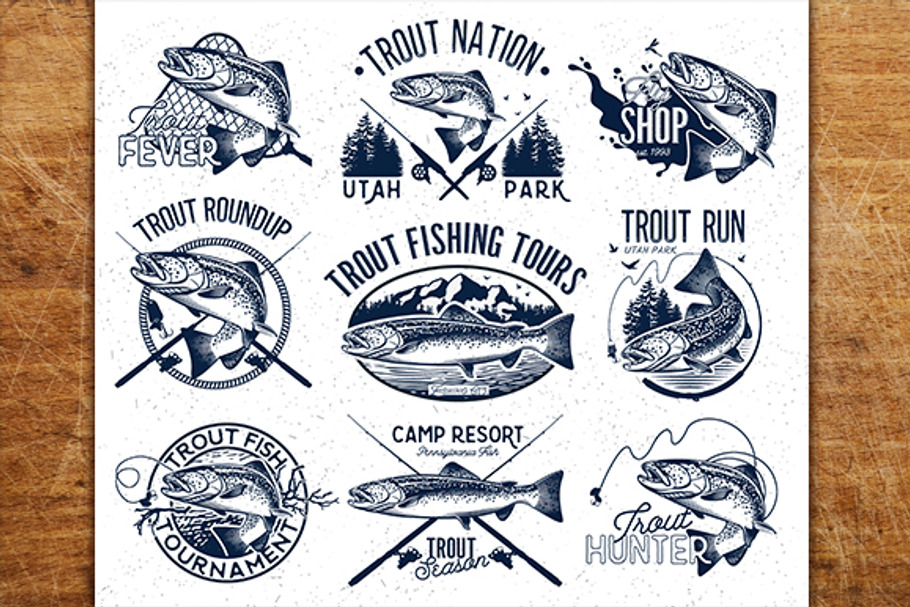 Vintage trout fishing emblems in Illustrations - product preview 8