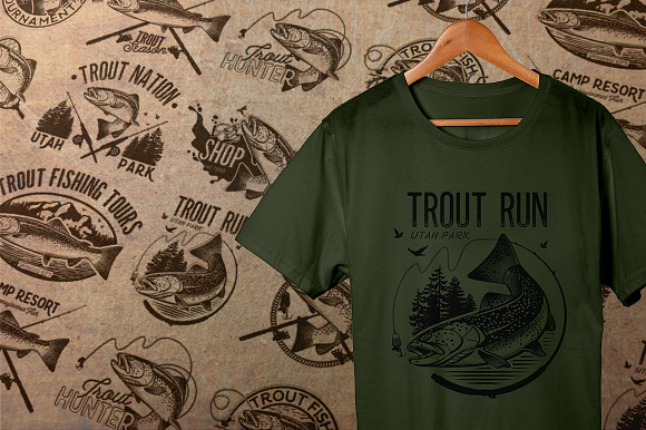 Vintage trout fishing emblems in Illustrations - product preview 1