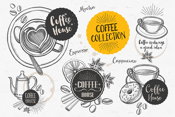Coffee doodle elements