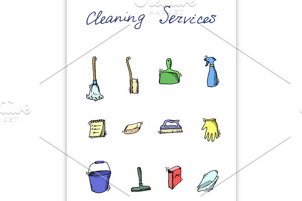 cleaning services doodle icon set