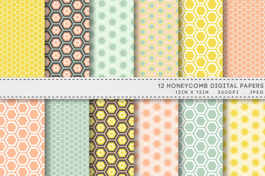 12 Honeycomb Hexagon Digital Papers