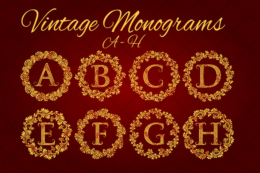 A - H letters vintage monograms pack