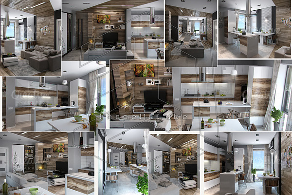 Living room and kitchen study 3D set