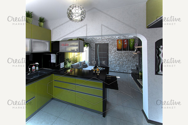 Minimalist kitchen unit in green