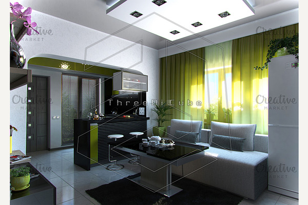 Living room and kitchen, 3d render