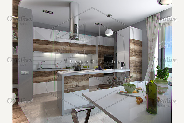 Modern kitchen study, 3d render