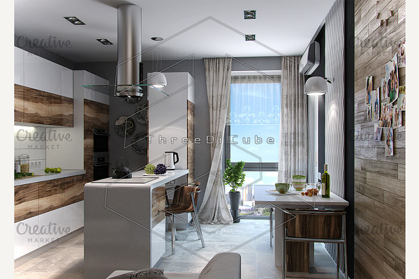 Modern kitchen study, 3d render