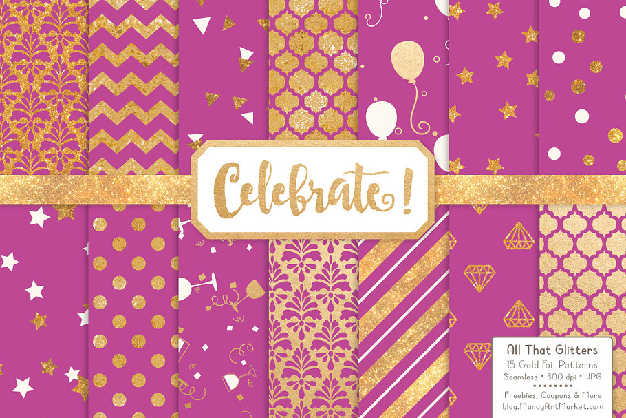 Gold Foil Digital Papers in Fuchsia in Patterns - product preview 8