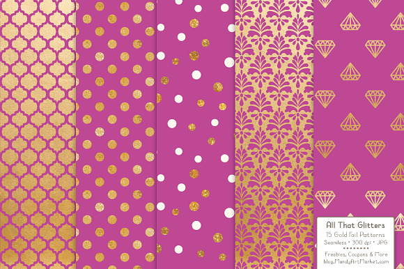 Gold Foil Digital Papers in Fuchsia in Patterns - product preview 2