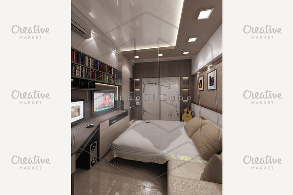 Young man bedroom, render 3D
