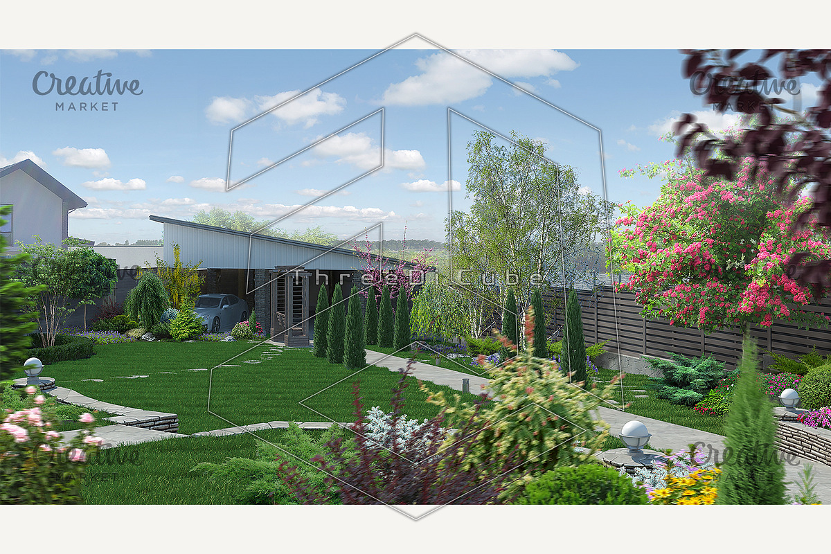 Landscaping garden alley, 3d render in Illustrations - product preview 8