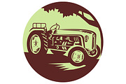 Vintage Farm Tractor Circle Woodcut