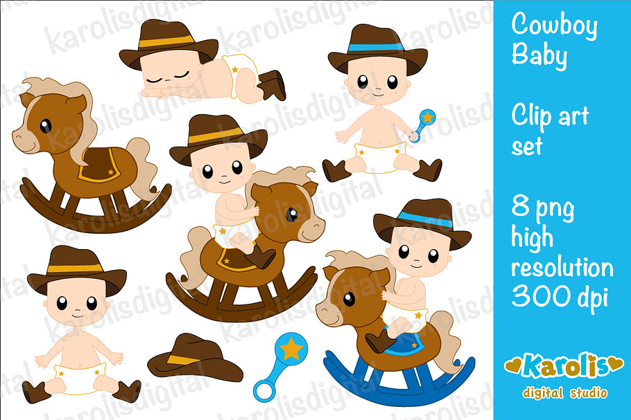 Cowboy baby clip art set in Illustrations - product preview 8