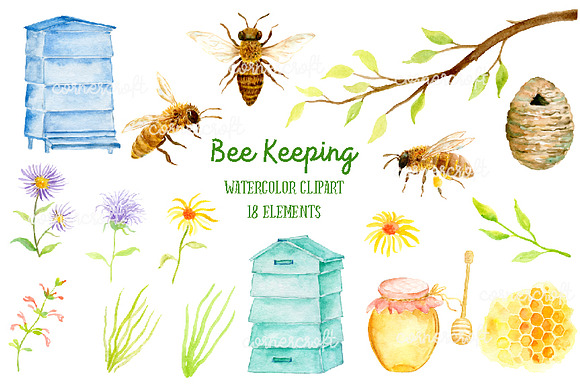 Watercolor Clipart Bee Keeping in Illustrations - product preview 1