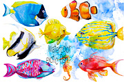 set with watercolor exotic fish